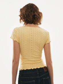 Poéselle 女士休闲T恤，弹力针织面料，浪漫蕾丝领，镂空刺绣，荷叶边袖口下摆，日常及约会必备，情人节佳选，春夏皆宜，黄色夏季上衣 - 黃色 - 查看 3