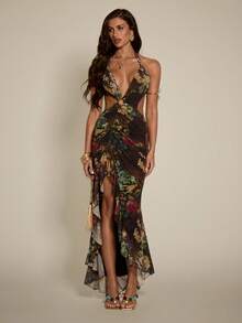 SHEIN BAE 女士时尚性感豹纹印花高开衩露背吊带连衣裙，夏季 - 棕色 - 查看 1