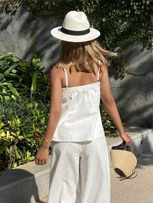 DAZY 女士褶裥吊带背心搭配宽松直筒裤休闲牛仔套装 - 白色 - 查看 4