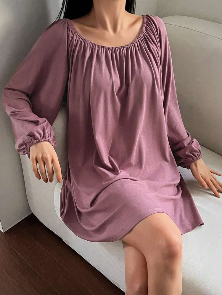 Minimalist Pleated Lantern Sleeve Loose Short Women Nightgown
