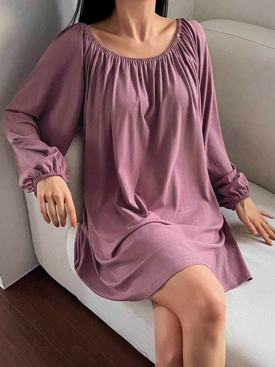 Minimalist Pleated Lantern Sleeve Loose Short Women Nightgown