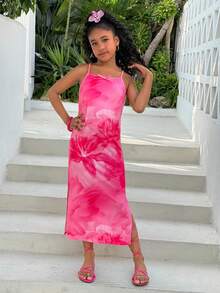 Tween Girl Casual Semestermode Blommigt Mönster Ärmlös Stickad Klänning med Slitsad Fåll, Vår/Sommar