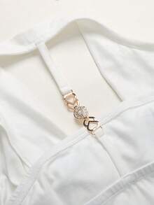 Girlism 少女白色休闲度假优雅花卉印花垂领金属扣装饰吊带背心，夏季 - 白色 - 查看 6