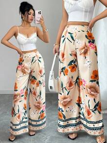 SHEIN Elenzya High Waist Floral Print Wide Leg Pants With Ruffle Hem, Loose Relaxed Fit Vacation Style - Light Yellow - View 1