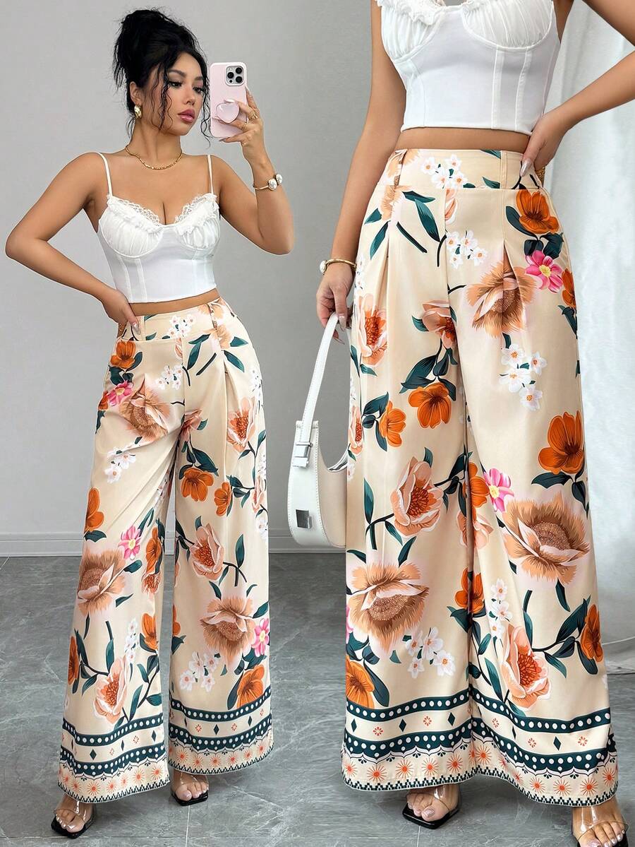 SHEIN Elenzya High Waist Floral Print Wide Leg Pants With Ruffle Hem, Loose Relaxed Fit Vacation Style - Light Yellow - View 1