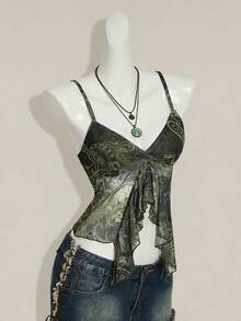 SHEIN ICON Women's Summer Bohemian Vacation Paisley Print Slit Ruffle Trim Fitted Cropped Camisole - Army Green - View 7