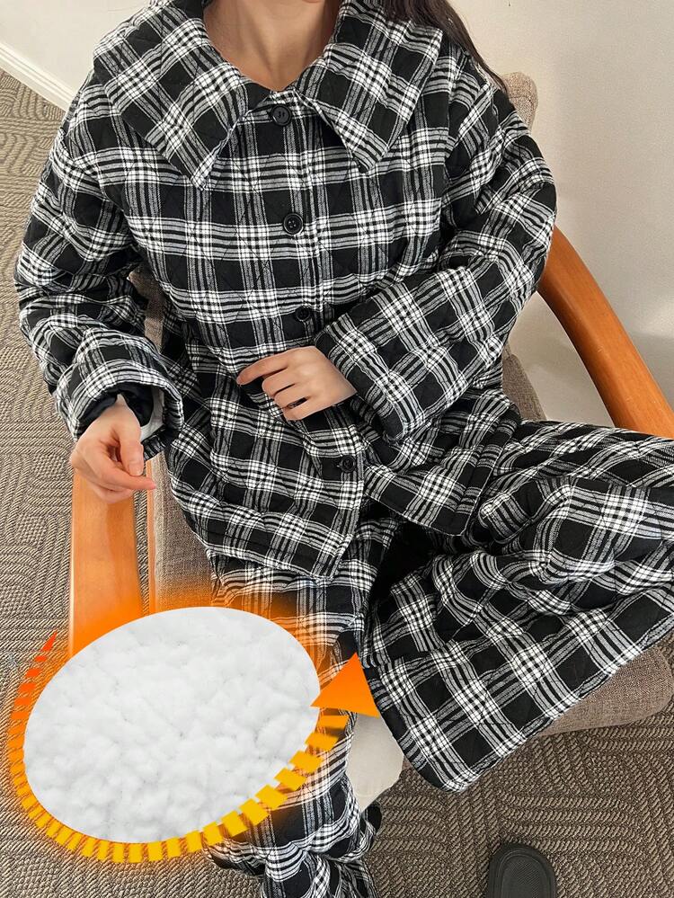 Women's Thick Quilted Plaid Collar Pajama Set, Cozy Winter Loungewear