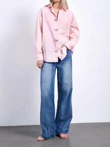 Maija Women's Romantic Elegant Bow Tie Rhinestone Decor Pink Button Up Shirt,Graduation, Holidays - Pink - View 7