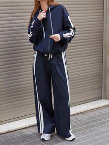 Maija 女士海军蓝白条纹落肩侧缝前拉链装饰休闲外套，四季皆宜的连帽卫衣嬉皮风 - 藏蓝色 - 查看 5