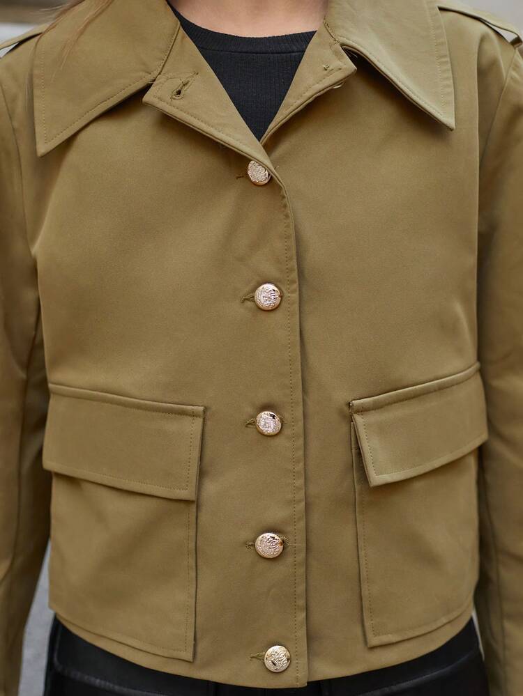 SHEIN Maija Women's Solid Color Long Sleeve Single-Breasted Cargo Pocket Casual Jacket,Festival