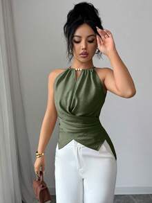 Elenzga Áo tank top nữ màu trơn đính cườm, không tay, kiểu dáng casual, thắt chéo. - xanh quân đội - Xem 4