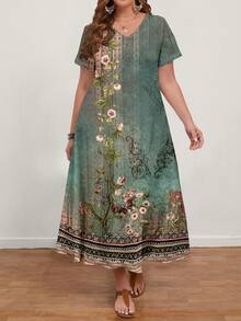 Mellowie Casual Retro Elegant Floral Print Plus Size Women's Minimalist V-Neck Short Sleeve Maxi Dress, Suitable For Summer Spring - Multicolor - View 8