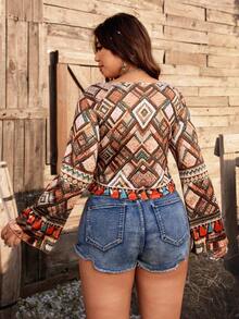 Ceyna Plus Size Women Elegant French Style Floral Print Long Sleeve Top - Multicolor - View 2