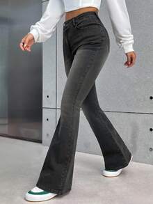 SHEIN PETITE 女士低腰修身喇叭牛仔裤，深灰色 - 灰色 - 查看 6
