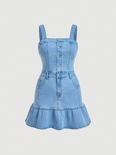 Sweetra Plusstorlek Dam Ärmlös Denim Minikjol med Utskurna Mönster