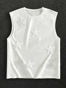 GENTILAND 男士3D五角星印花圆领休闲宽松背心无袖衬衫 男士无袖上衣 白色无袖上衣 无袖图案T恤 星星衬衫 - 白色 - 查看 1
