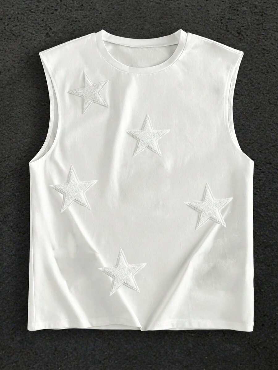 GENTILAND 男士3D五角星印花圆领休闲宽松背心无袖衬衫 男士无袖上衣 白色无袖上衣 无袖图案T恤 星星衬衫 - 白色 - 查看 1
