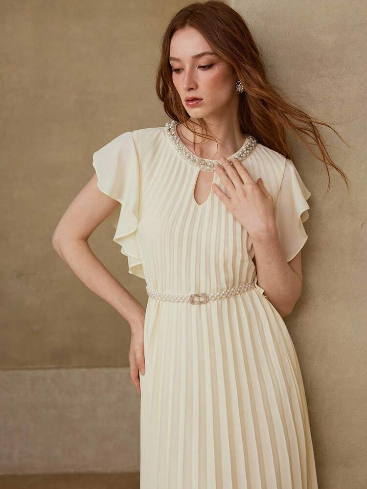 WOMEN'S ELEGANT DATE PLEATED RHINESTONE TRIM PLEATED HEM SHORT SLEEVE DRESS, SPRING/SUMMER