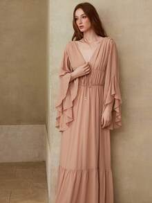 MOTF PREMIUM ROBE LONGUE ÉLÉGANTE POUR FEMMES AVEC DESIGN D'OURLET VOLANT, PRINTEMPS/ÉTÉ - Kaki - Voir 6