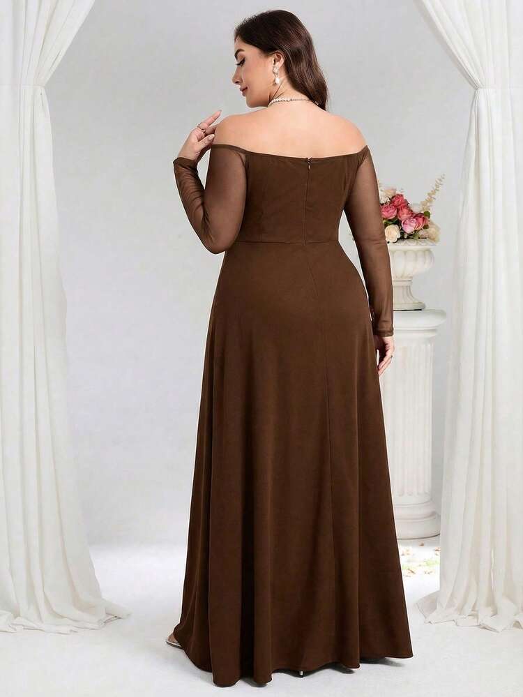 Coutiva فستان سهرة رسمي بحجم كبير مع كتف مكشوف ولوحة شبكية مرقعة مزينة بالخرز - بني - مشاهدة 2