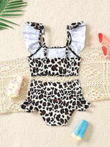 Young Girl Summer Fashion Resort Leopard Print Trim Top & Bottom 2 Pieces Set - Brown - View 5