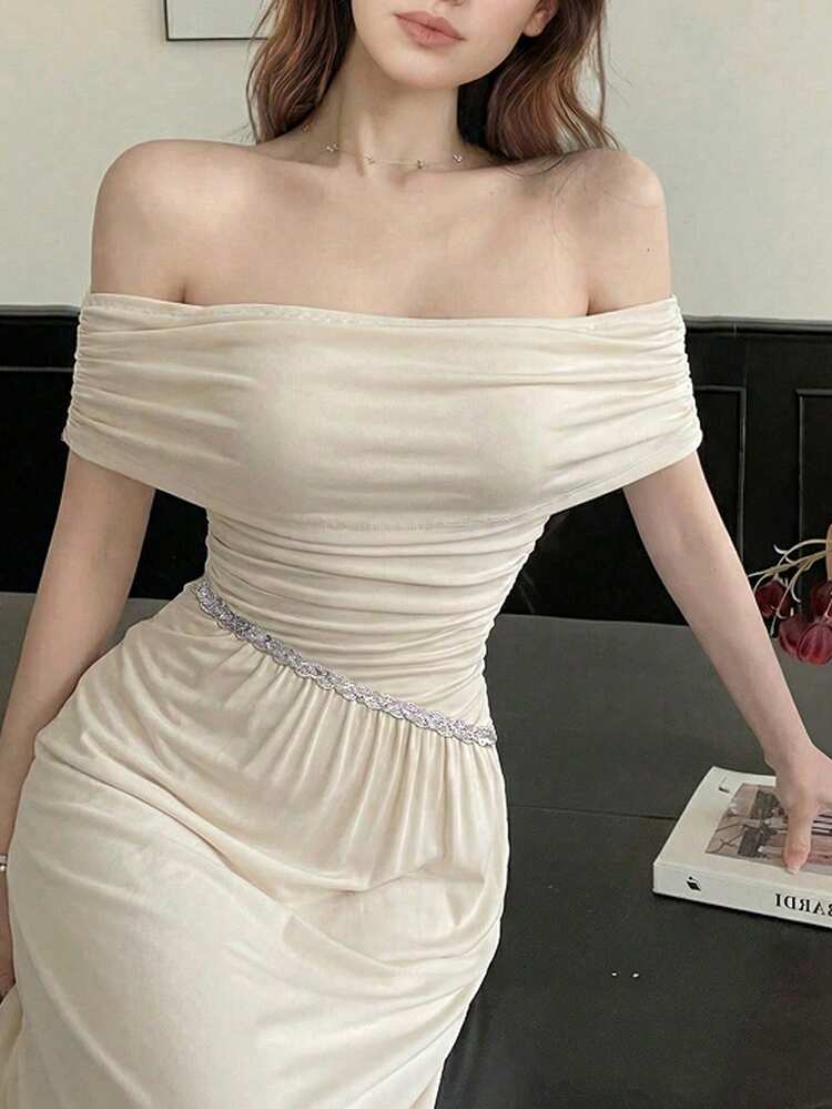 Modelyn Apricot Long Sleeve Off Shoulder Maxi Dress Women's Elegant A-Line Gown With Sequin Embellishment - Apricot - View 6