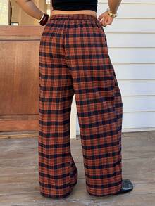 Dazy Plus 大码女式格子松紧腰抽绳宽松直筒休闲裤，街头风 - 亮橙色 - 查看 8