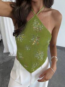 Aloruh Women's Sexy Sequin Backless Halter Top, Summer Beach Vacation Boho Tropical Raves Festival Country Concert Western Wear Summer Top - Green - View 7