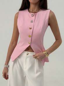 Aloruh 女士金属单排扣休闲薄款马甲外套 - 粉色 - 查看 4