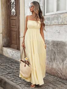 Pariaura 女士法式度假风吊带荷叶边收腰修身长款纹理黄色连衣裙，春夏款 - 黃色 - 查看 4