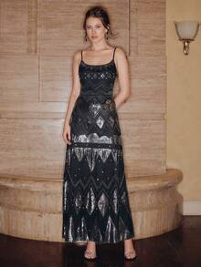 Anewsta 女士复古波西米亚浪漫情人节亮片串珠吊带优雅派对连衣裙 - 黑色 - 查看 8