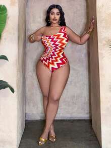 Slaydiva 大码女式几何线条印花时尚度假休闲修身不对称领口连体泳衣 - 彩色 - 查看 3