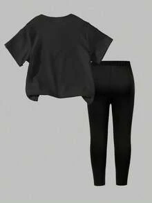 女童卡通印花短袖T恤和打底裤套装 - 黑色 - 查看 5