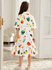 SHEIN 少女休闲街头风水果印花文字衬衫领宽松超大款拼接褶皱Polo衫连衣裙短袖中长连衣裙 - 白色 - 查看 2