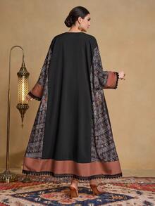 Al Najma 女士拼接印花蕾丝边宽松长款开衫睡袍 - 黑色 - 查看 2