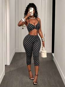 BamGleam 夏季时尚性感波点印花露背吊带上衣和迷你裙两件套 - 黑色 - 查看 4