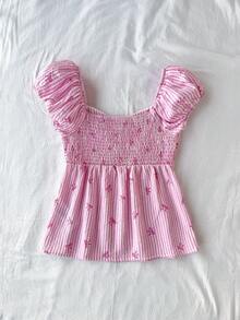 SHEIN Tween Girl Casual Minimalist Comfortable Plaid Bow Back Tie Shirt - Pink - View 2