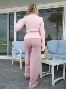女士宽松系带休闲开衫、长袖上衣 - 粉色 - 查看 2