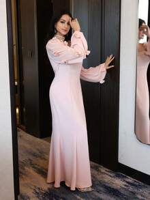 Women's Solid Color 3D Floral Decor Square Neck Lantern Sleeve Elegant Dress - Baby Pink - View 6