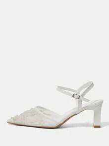 CUCCOO HITCHD Women's Embroidered Beaded Pointed Toe Chunky Heel High Heels, Elegant Slingback Pumps, Fashion For Wedding, Valentine's Day, Tea Party, Graceful Outfit Valentine's Day - White - View 3