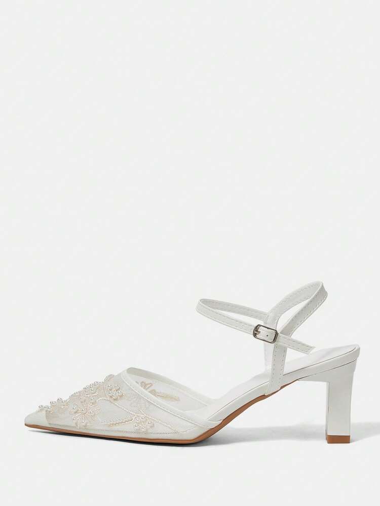 CUCCOO HITCHD Salto Alto Feminino de Bico Fino com Bordado e Contas, Elegantes Sapatos de Salto Slingback, Moda para Casamento, Dia dos Namorados, Chá da Tarde, Visual Gracioso - Branco - Visão 3