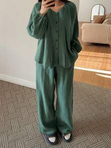 DAZY 绿色简约纹理雪纺褶皱领灯笼袖宽松女士睡衣套装 - 綠色 - 查看 8