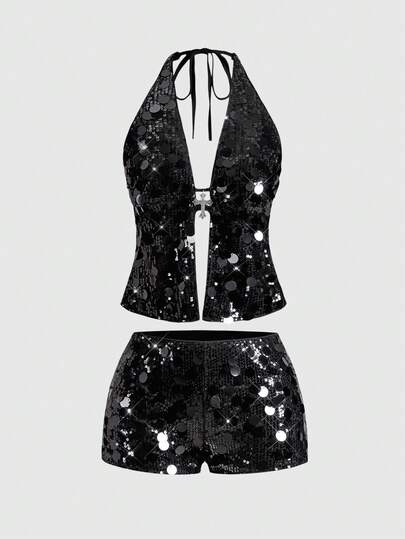 ROMWE Grunge Punk 大码女式亮片吊带系带上衣和短裤性感两件套，适合约会派对