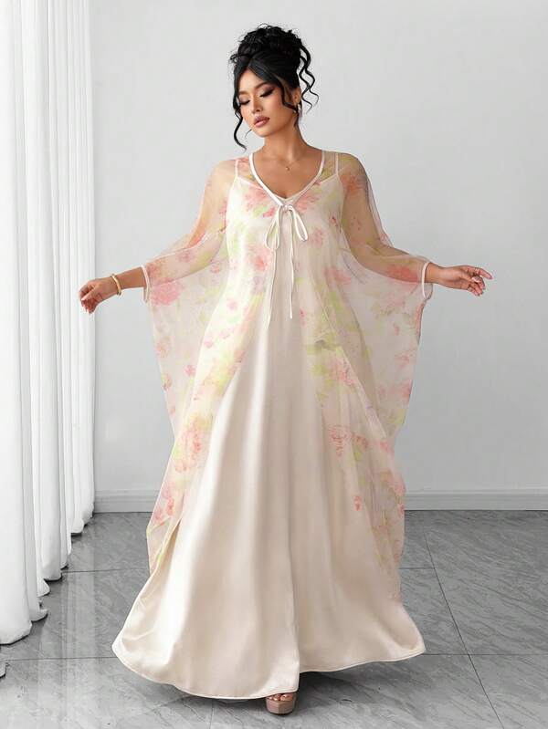 Elenzga Plus Size Women Elegant Sheer Embroidered Floral Digital Print Shiny Champagne Slip Dress With Outer Piece, 2 Pieces Set