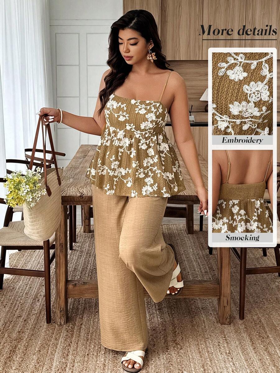 Weeklong Plus Size Women Casual Vacation Spaghetti Strap Square Neck Embroidered Ruffle Hem 2 Piece Set, Spring/Summer - Khaki - View 1
