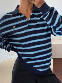 DAZY Women's Loose Fit Contrast Striped Polo Collar Long Sleeve Pullover Casual Top, Spring/Autumn - Blue - View 3