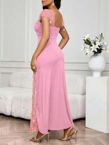 SHEIN Lady 派对宴会撞色亮片网纱蕾丝边修身连衣裙 生日/活动礼服/办公礼服/教堂礼服/婚纱/节日礼服/优雅礼服/派对礼服/婚礼宾客礼服 女款 - 藕粉色 - 查看 2