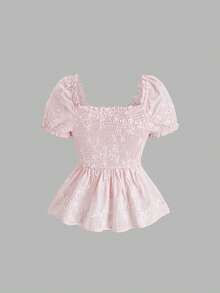 Sweetra Women's Summer Square Collar Structured Embroidered Waist Flared Hem Blouse, Pink - Pink - View 2