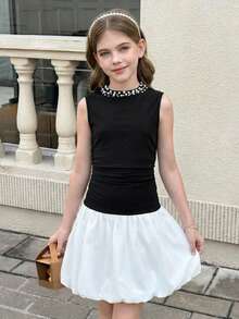 SHEIN 女童优雅无袖撞色拼接串珠立领泡泡裙 - 黑與白 - 查看 2