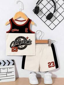 SHEIN Playful Pals 两件套男婴可爱运动休闲套装，包括一件印有品牌标志和数字的背心和一条印有数字的短裤，适合夏季户外穿着。 - 彩色 - 查看 4